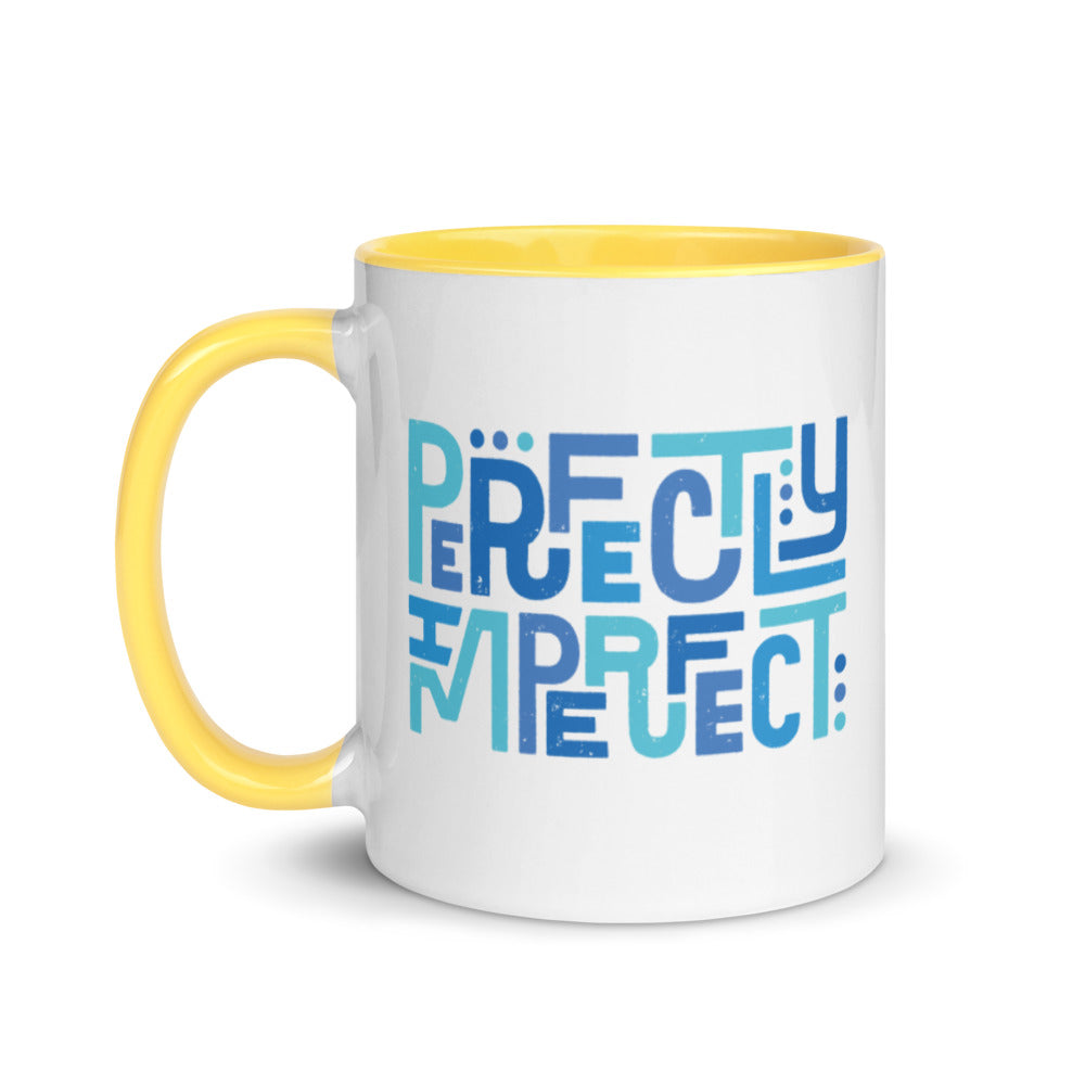 Perfectly Imperfect ceramic mug in yellow, supporting Bryce's family